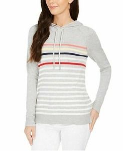 CHARTER Club Womens Hoodie Gray Stripes Drawstring Long Sleeve Stretch S New